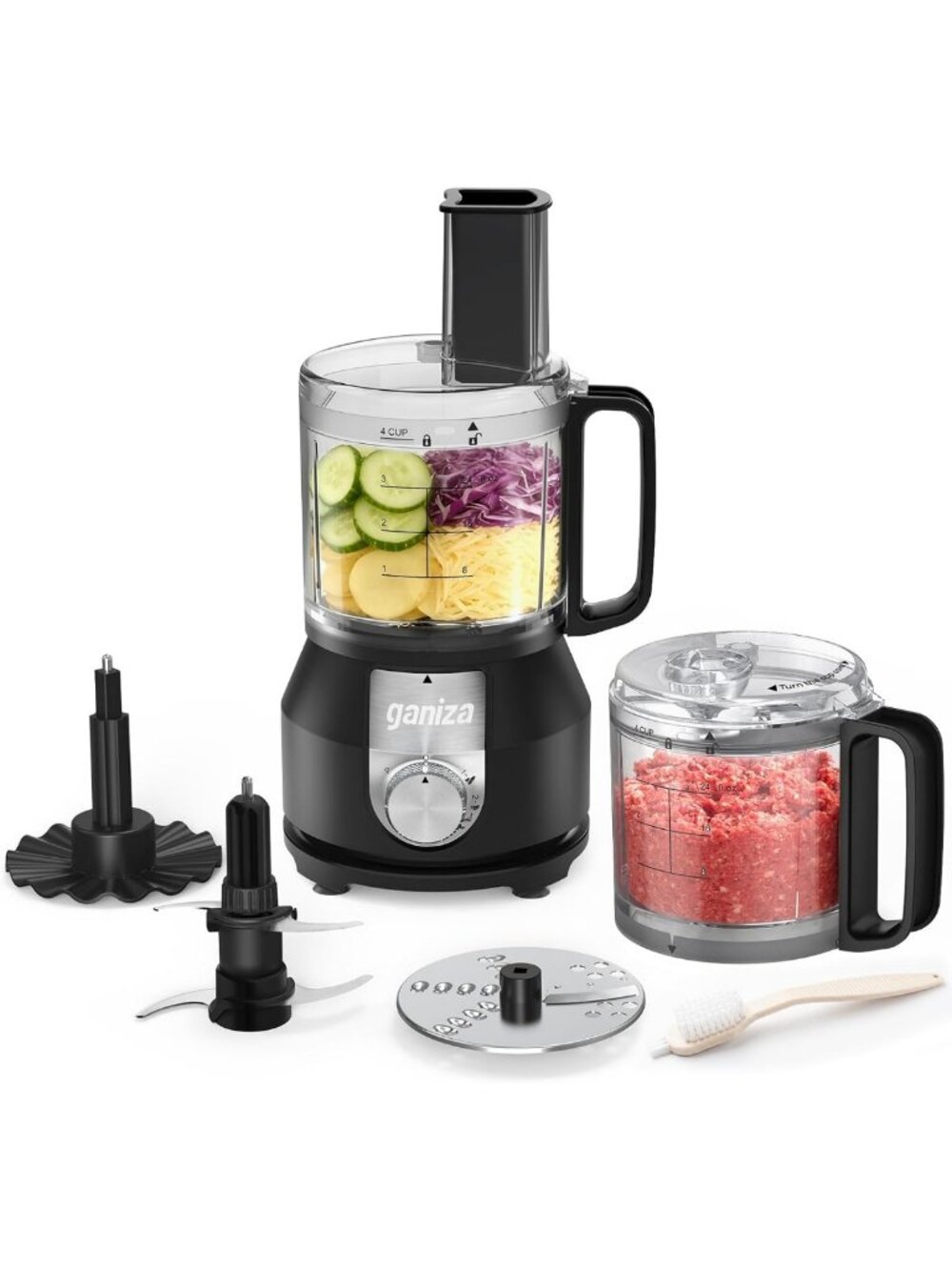 4-in-1 Food Processor with 2x4-Cup Bowls - Slice, Shred, Mince, Whisk